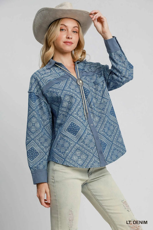 Image of Umgee Paisley Print Denim Shirt Jacket | Queeble.shop