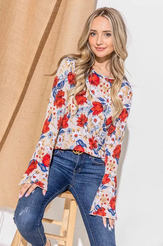 Image of And The Why Floral Printed Bell Sleeve Casual Top | Queeble.shop