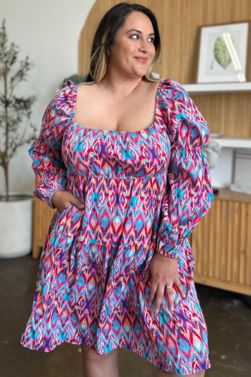 Image of Double Take Full Size Printed Long Sleeve Dress | Queeble.shop