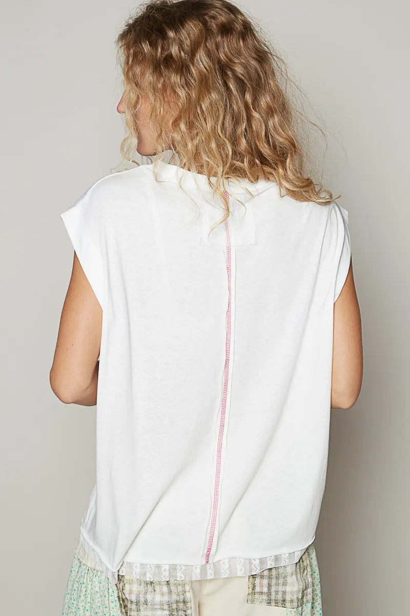 Image of POL Star Patch Studded Sleeveless T-Shirt with Lace Hem | Queeble.shop