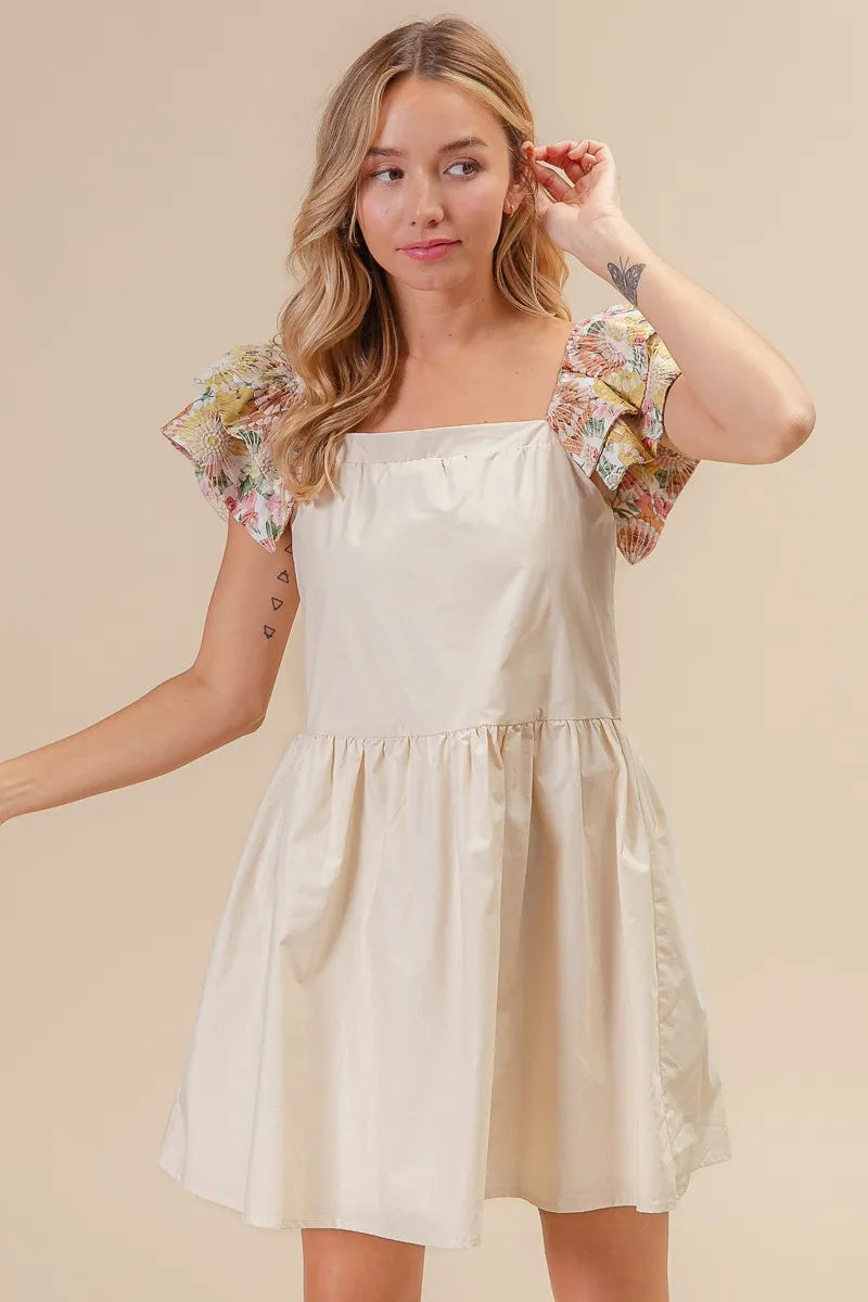 Image of BiBi Flower Embroidered Floral Print Sleeve Dress | Queeble.shop