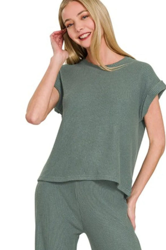 Image of Zenana Rolled Sleeve Top and Pants Sweater Set | Queeble.shop