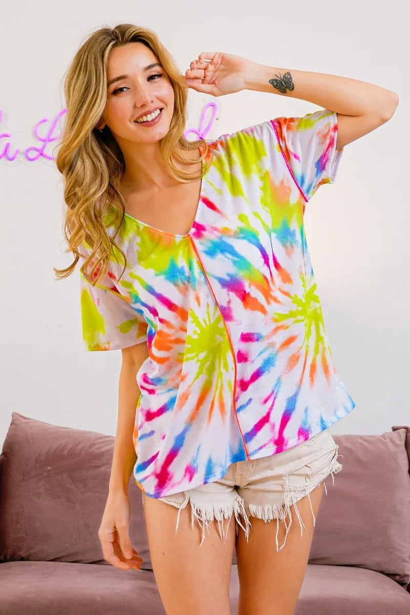 Image of BiBi Tie Dye Print Jersey Stitched V Neck Top | Queeble.shop