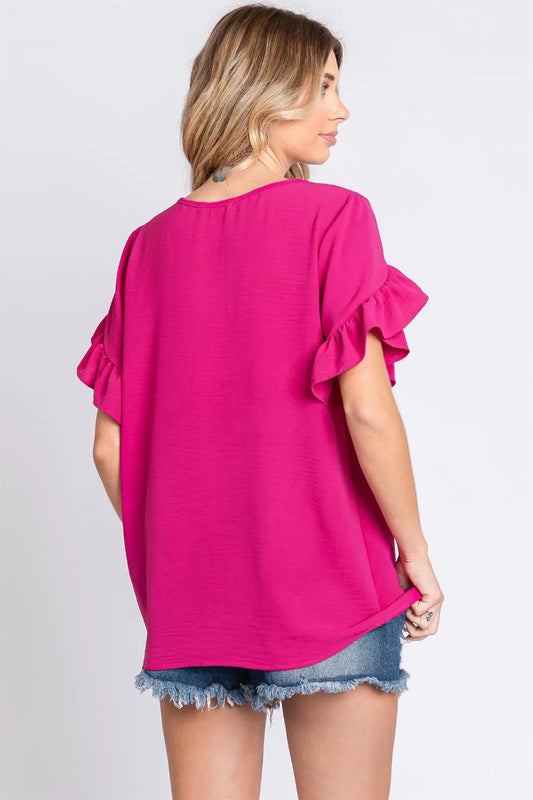Image of GeeGee V-Neck Ruffle Trim Short Sleeve Blouse | Queeble.shop