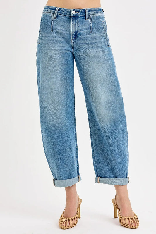 Image of RISEN Full Size Mid Rise Fit Barrel Roll Up Jeans Plus Size | Queeble.shop