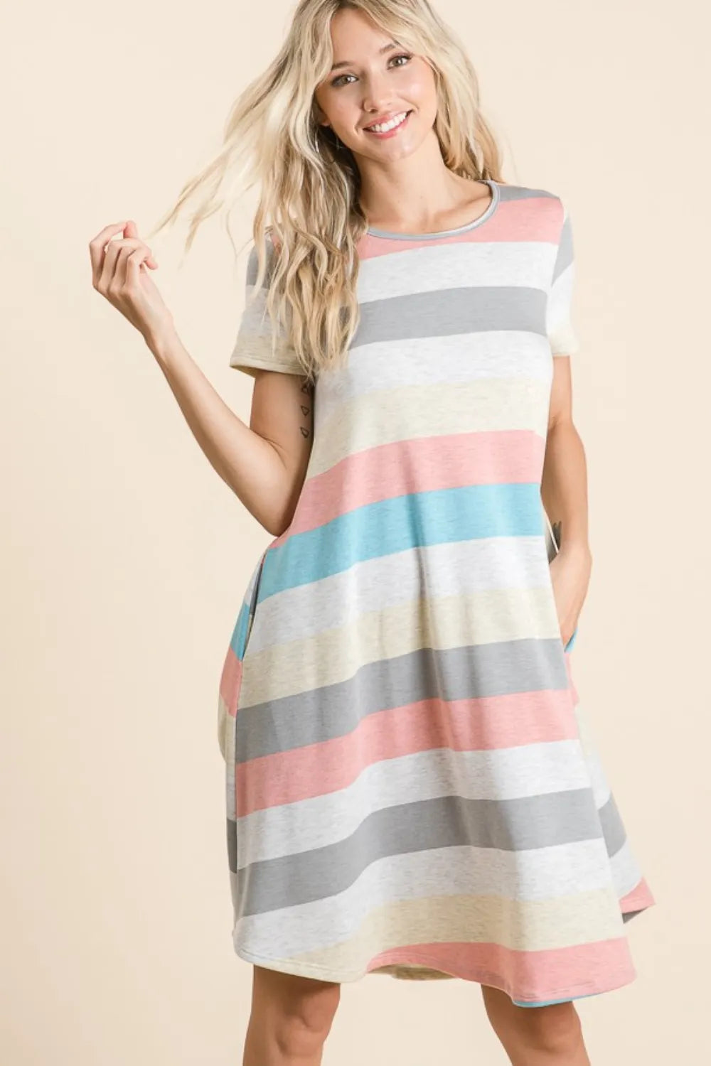 Image of BOMBOM Striped Short Sleeve Dress with Pockets | Queeble.shop