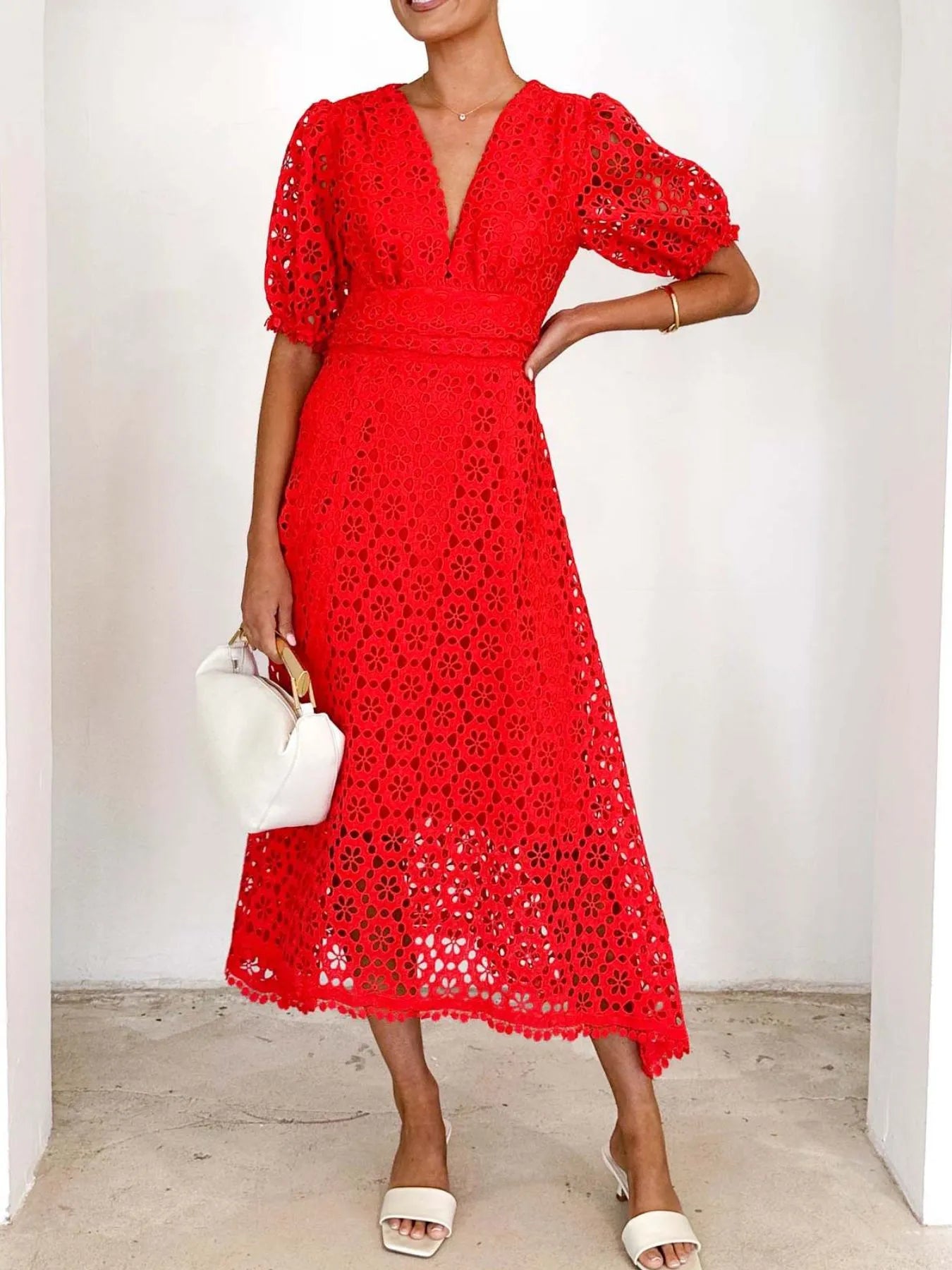 Image of Eyelet Lace V-Neck Midi Dress with Puff Sleeves | Queeble.shop