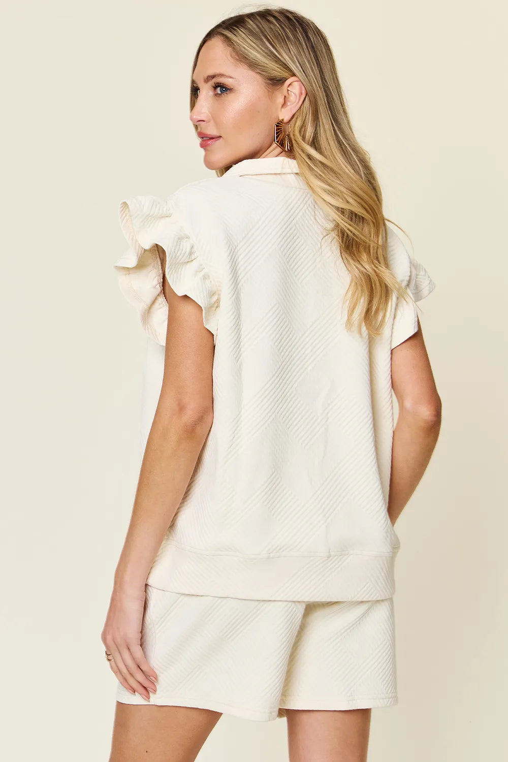 Image of Double Take Full Size Texture Flounce Sleeve Top and Drawstring Shorts Set | Queeble.shop