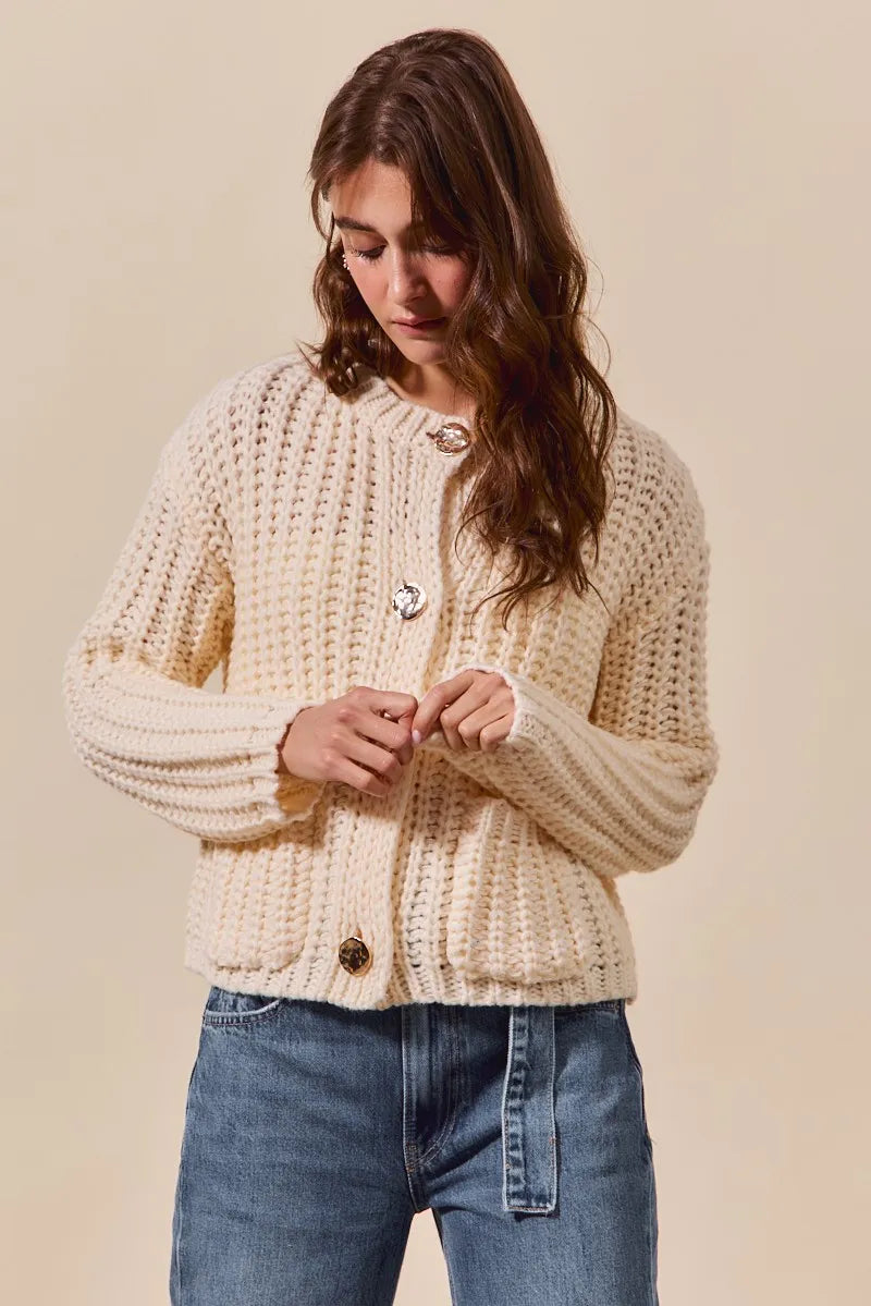 Image of SO ME Metal Button Long Sleeve Chunky Sweater Cardigan | Queeble.shop