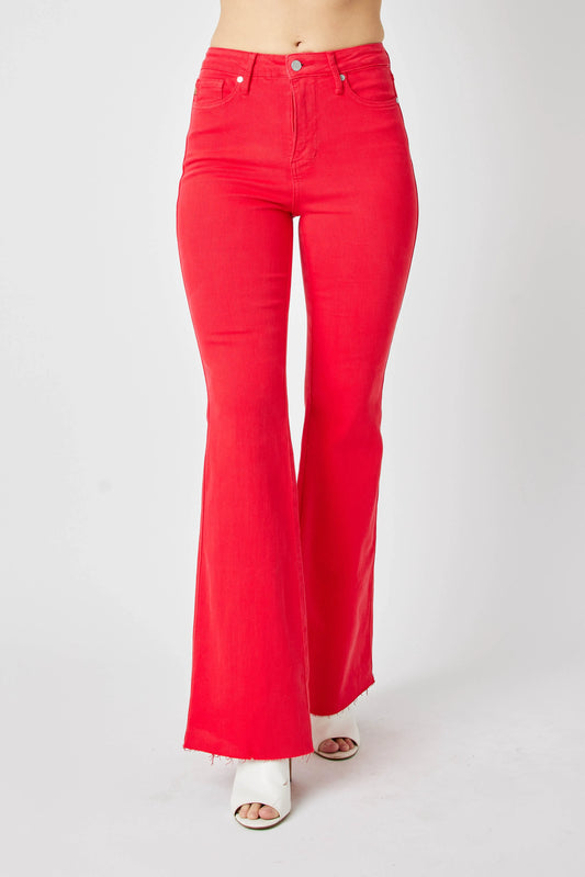 Image of Judy Blue Full Size Hw Tummy Control Garment Dyed Flare Jeans Plus Size | Queeble.shop