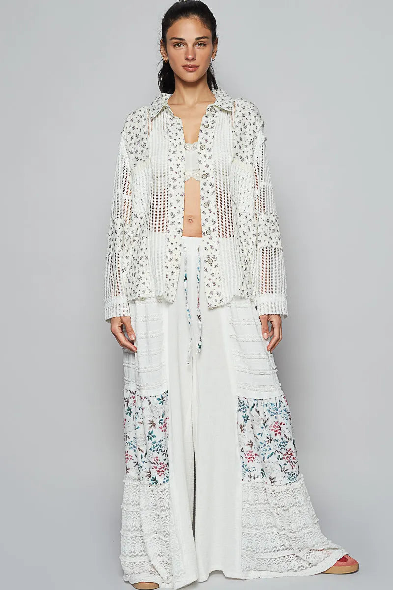 Image of POL Floral Crochet Patchwork Long Sleeve Shirt | Queeble.shop