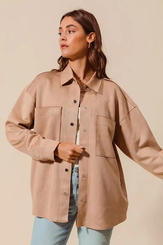 Image of SO ME Faux Sued Snap Shacket with Collar and Pockets | Queeble.shop