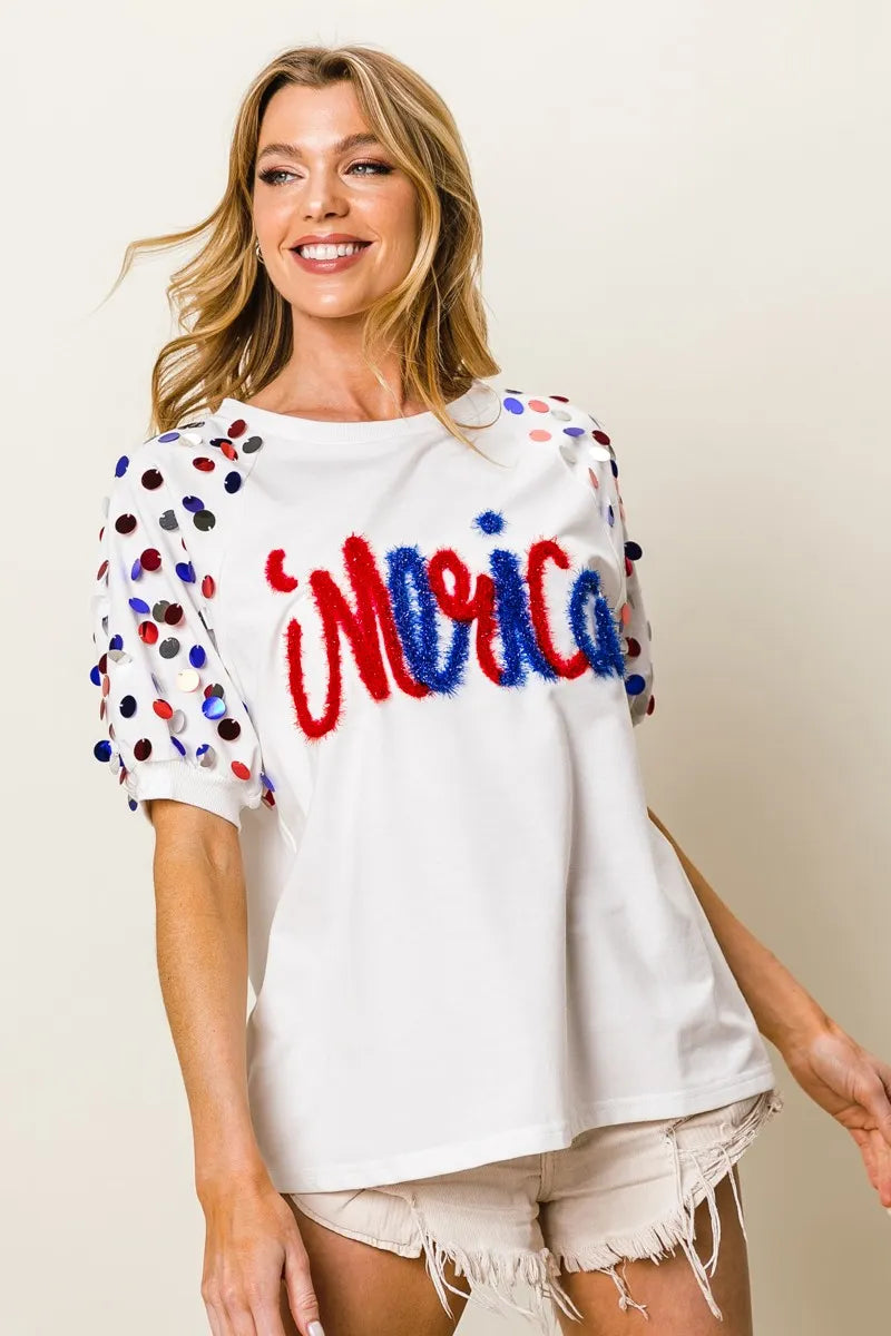 Image of BiBi Metallic Letter Spangle Raglan Puff Sleeve Top | Queeble.shop