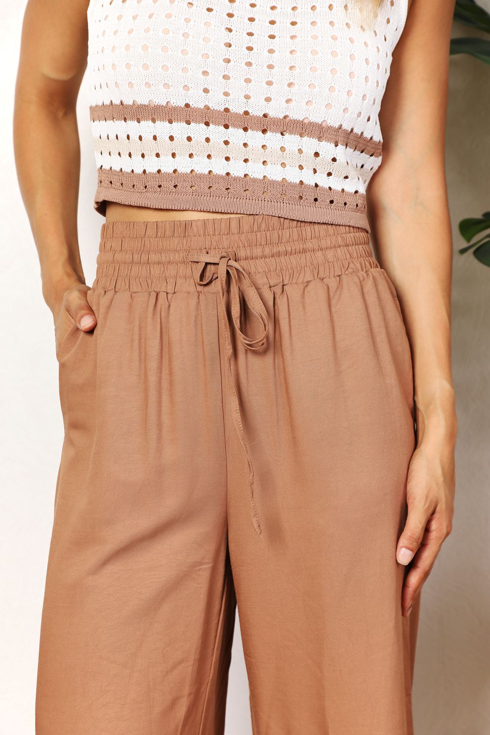 Image of Double Take Drawstring Smocked Waist Wide Leg Pants | Queeble.shop
