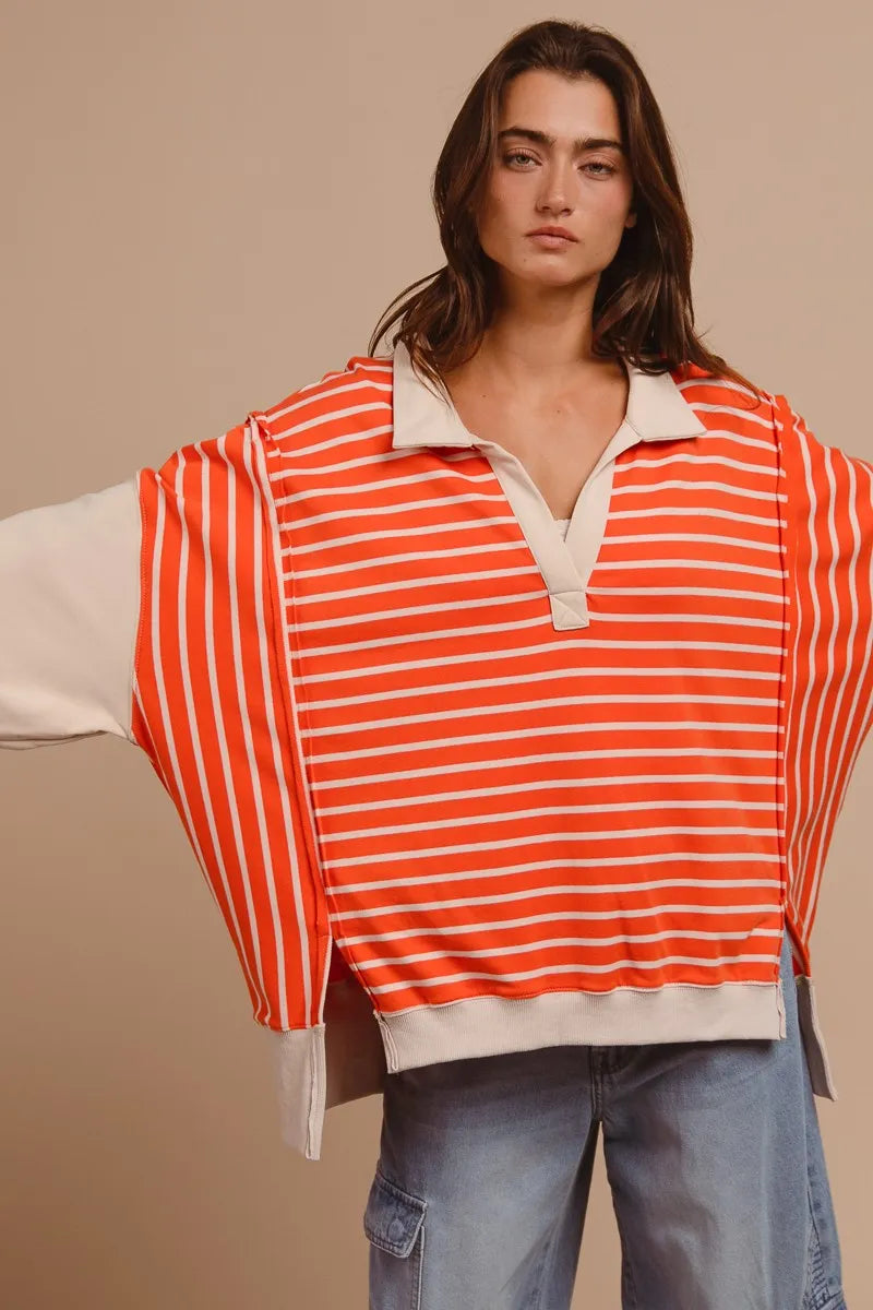 Image of BiBi Stripe Knit Loose Fit Top With Cut Edge Detail | Queeble.shop