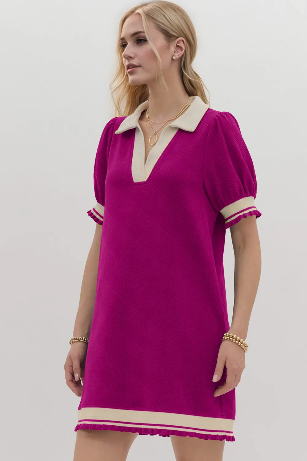 Image of Oh Frill Contrast Trim Johnny Collar Short Sleeve Mini Dress | Queeble.shop