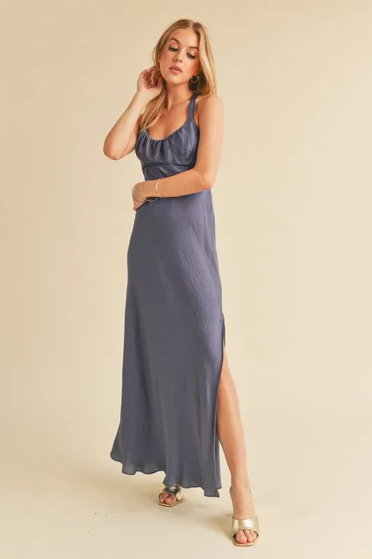 Image of Aemi + Co Ruched Side Slit Cutout Back Maxi Cami Dress | Queeble.shop