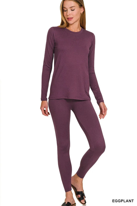 Image of Zenana Microfiber Round Neck Top and Leggings Set | Queeble.shop
