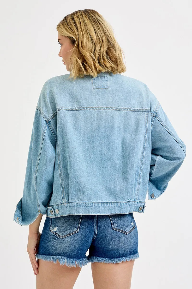 Image of RISEN Washed Dropped Shoulder Denim Jacket | Queeble.shop