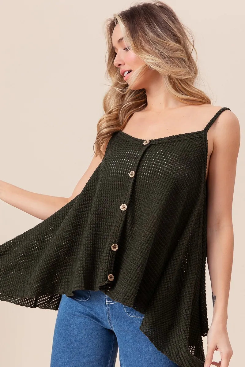 Image of BiBi Popcorn Waffle Knit with Buttoned Front Cami Top | Queeble.shop