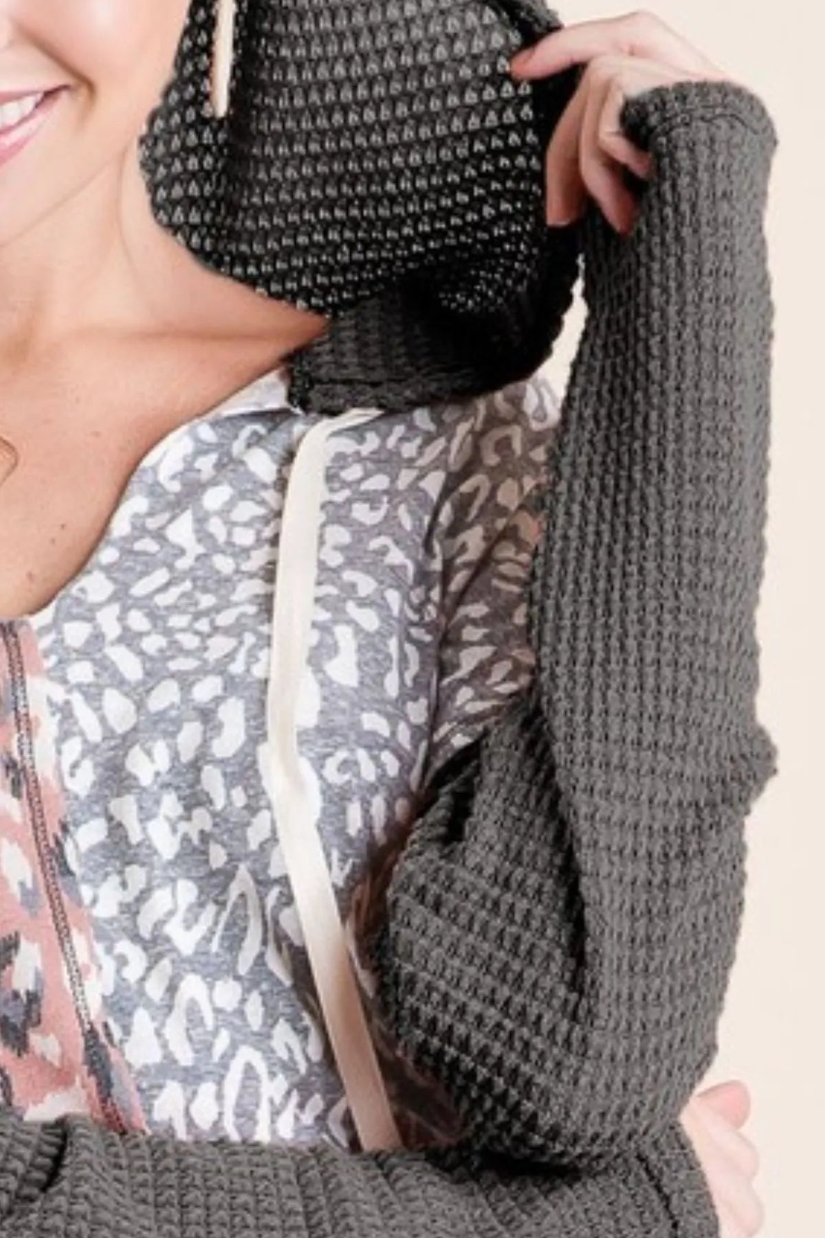 Image of BiBi Popcorn Waffle Knit Hoodie With Print Block Front | Queeble.shop
