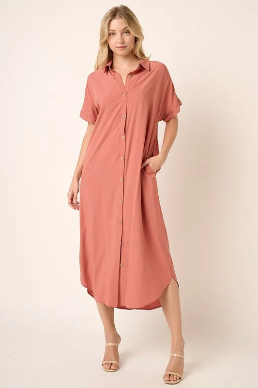 Image of Mittoshop Collared Neck Dolman Short Sleeve Midi Shirt Dress | Queeble.shop