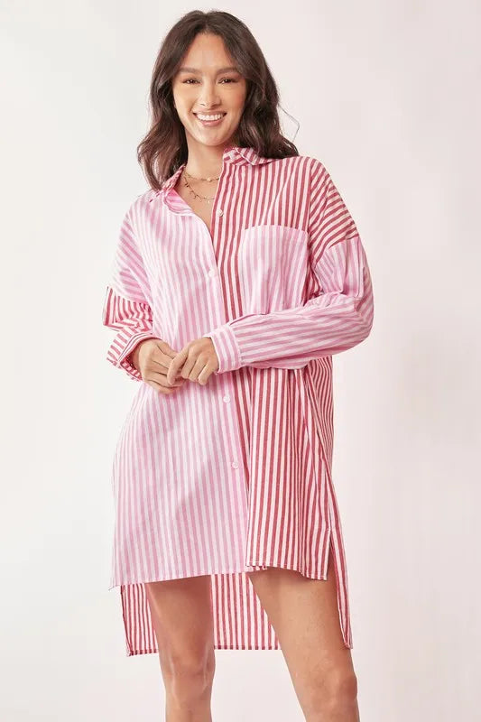 Image of Davi & Dani Multi Color Stripe Mixed Button Front Tunic Shirt Dress | Queeble.shop