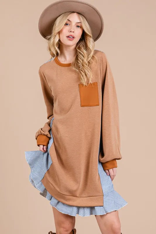 Image of Ces Femme Striped Patchwork Round Neck Terry Sweatshirt Dress | Queeble.shop