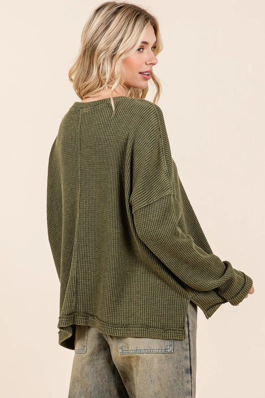 Image of Mittoshop Mineral Wash Cutout Pocket Long Sleeve Waffle Top | Queeble.shop