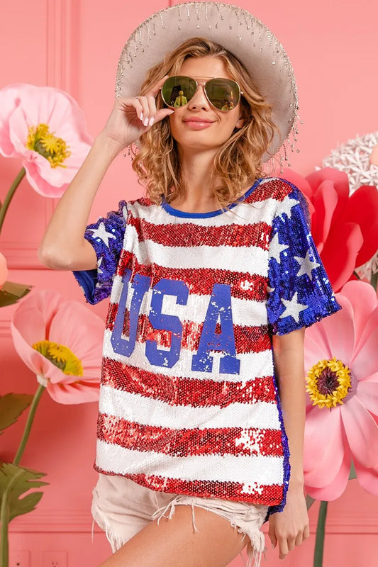 Image of BiBi American Flag Theme USA Lettering Sequin Top | Queeble.shop