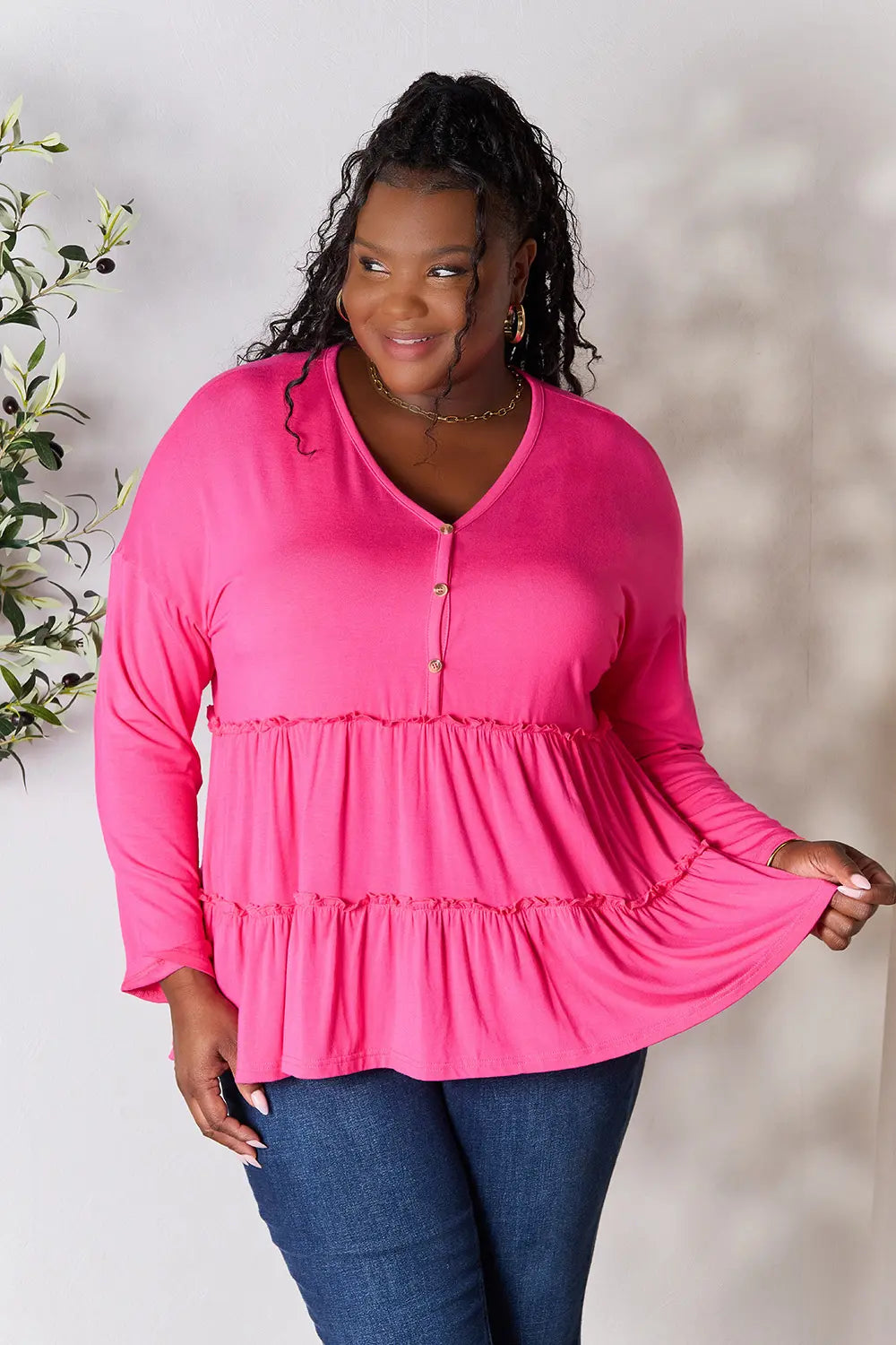 Image of Double Take Half Button Long Sleeve Ruffle Hem Blouse | Queeble.shop