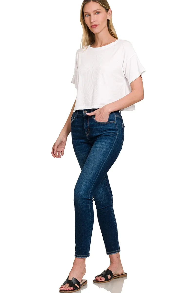 Image of Zenana Ribbed Round-Neck Crop T-Shirt | Queeble.shop