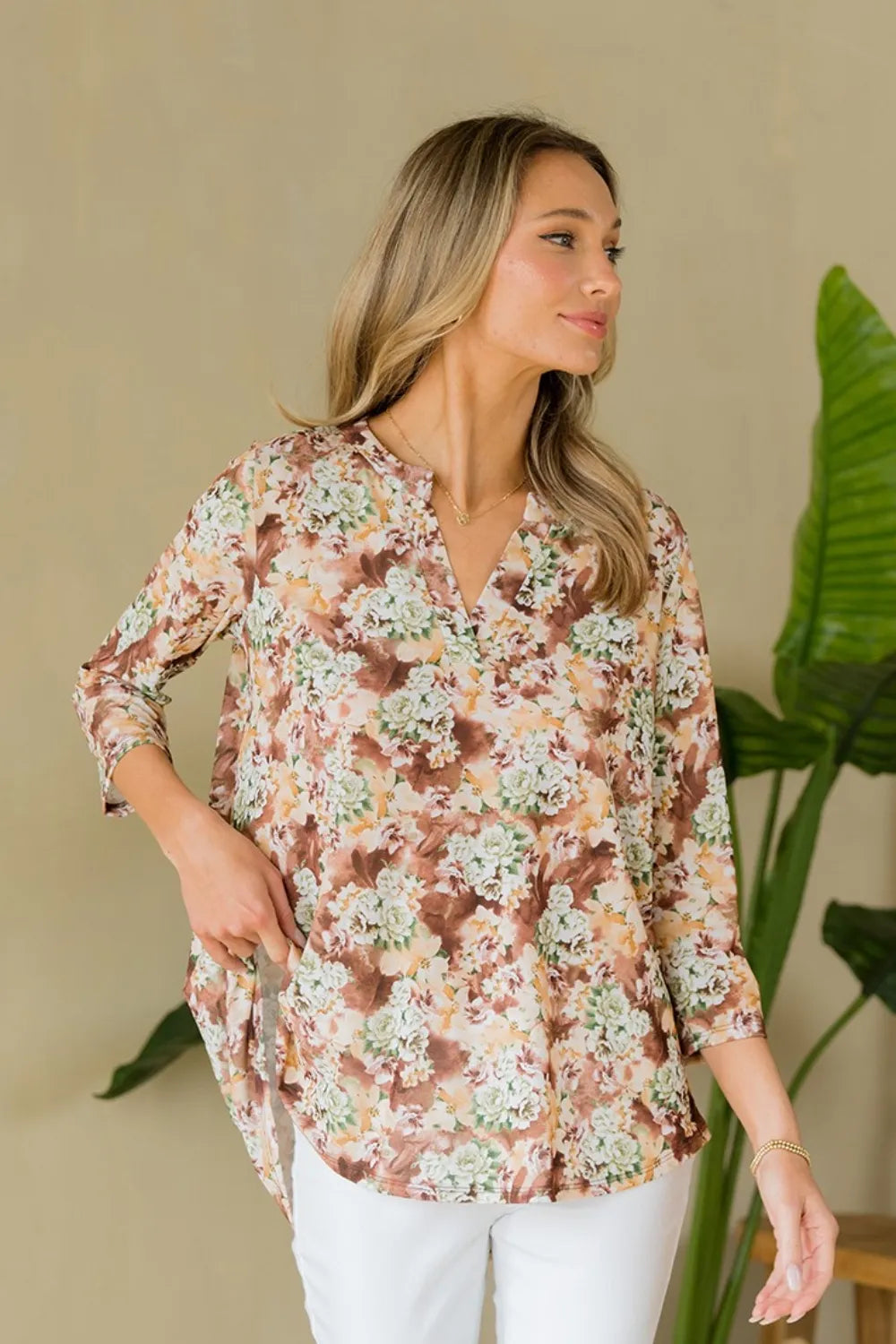 Image of Sew In Love Full Size Wrinkle-Free Floral Notched Top | Queeble.shop