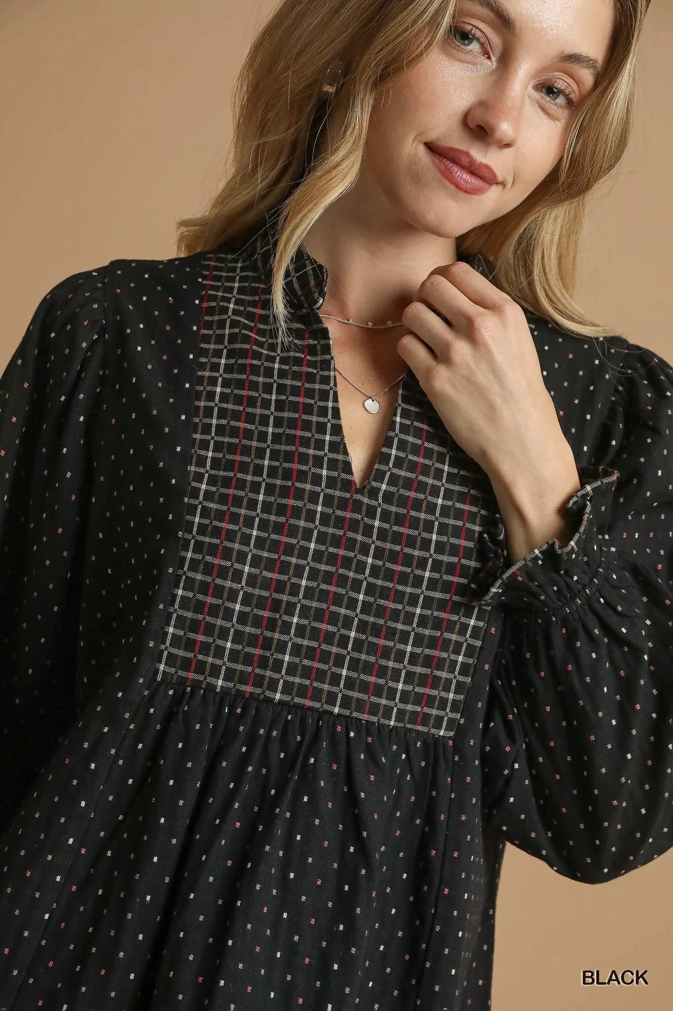 Image of Umgee Polka Dot Plaid Trim Babydoll Dress | Queeble.shop