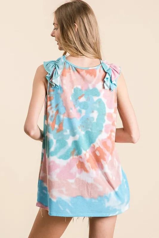 Image of BiBi Circular Tie Dye Knit V Neck Top With Ruffle | Queeble.shop