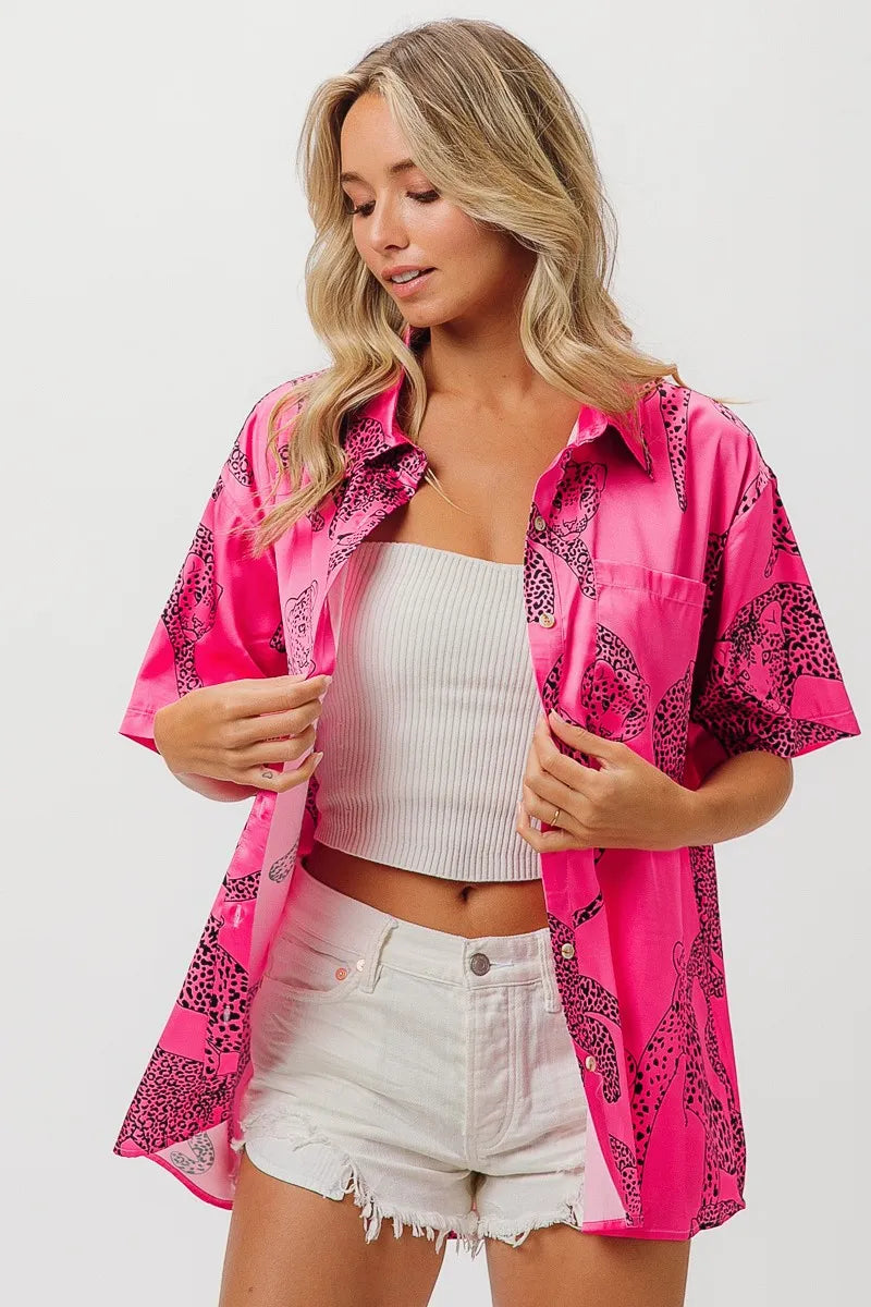 Image of BiBi Leopard Print Short Sleeve Silky Satin Shirt Top | Queeble.shop