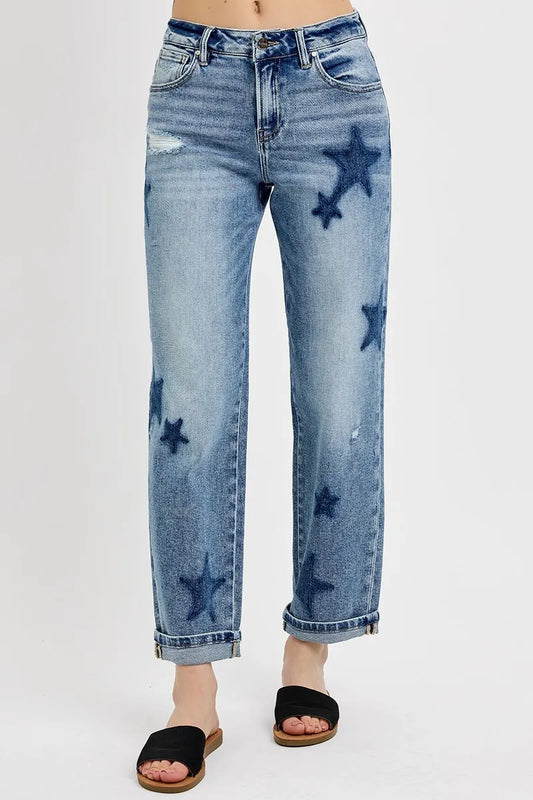 Image of RISEN Full Size Mid Rise Boyfriend Star Shadow Detail Cuffed Jeans Plus Size | Queeble.shop