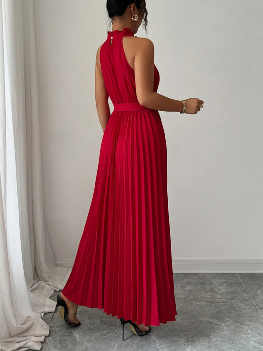 Image of Pleated Halter Neck Tie Waist Maxi Dress | Queeble.shop