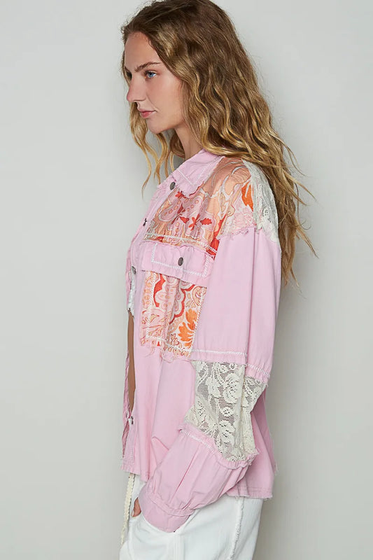 Image of POL Printed Woven Mix Raw Hem Jacket with Lace Detail | Queeble.shop