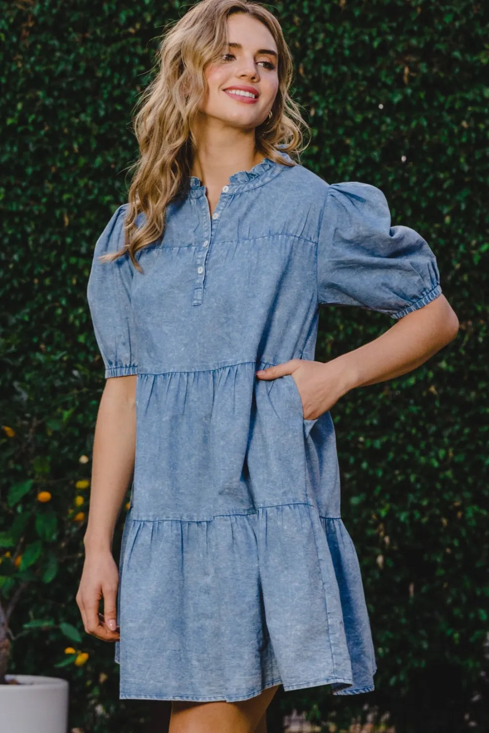 Image of ODDI Washed Tiered Mini Denim Dress | Queeble.shop