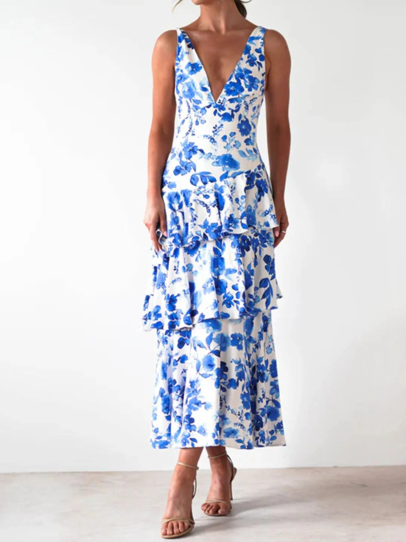 Image of Ruffled Layered Floral Deep V-Neck Dress | Queeble.shop