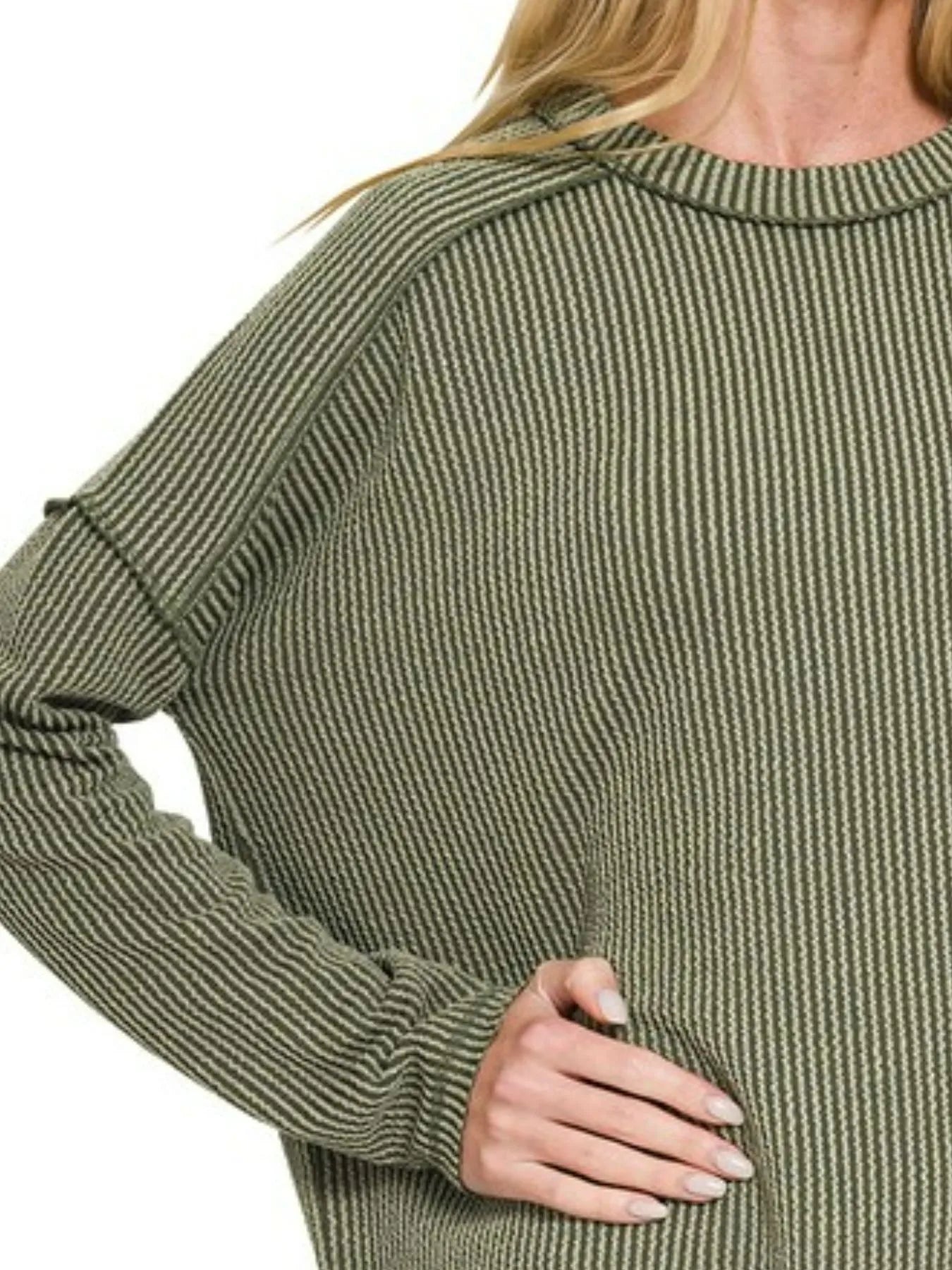 Image of Zenana Full Size Exposed Seam Long Sleeve Corded Rib Knit Top Plus Size | Queeble.shop