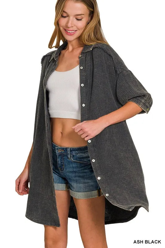 Image of Zenana Washed Double Gauze Button Down Shirt Dress | Queeble.shop