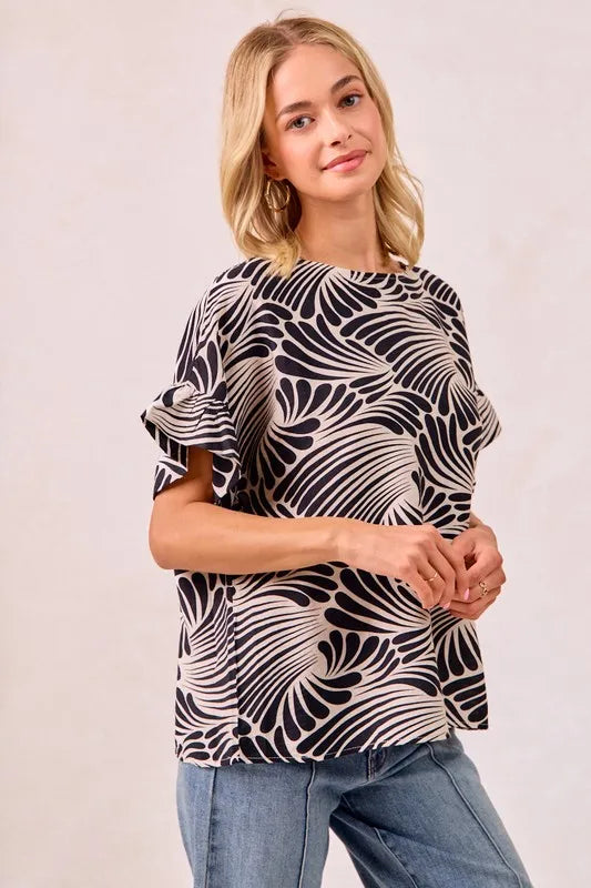 Image of BiBi Print Woven Ruffled Sleeves Top | Queeble.shop