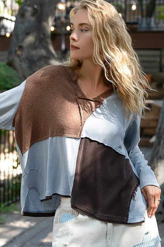 Image of POL Color Block Notched Long Sleeve T-Shirt | Queeble.shop