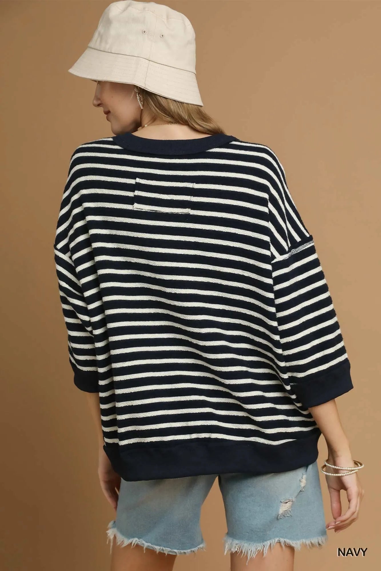Image of Umgee Ribbed Hem Striped Oversized Knit Top | Queeble.shop