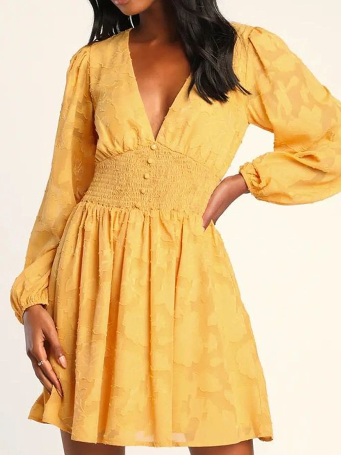Image of Smocked V-Neck Balloon Sleeve Dress | Queeble.shop