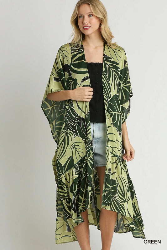 Image of Umgee Satin Tropical Plant Print Open Front Kimono with Ruffle Details | Queeble.shop