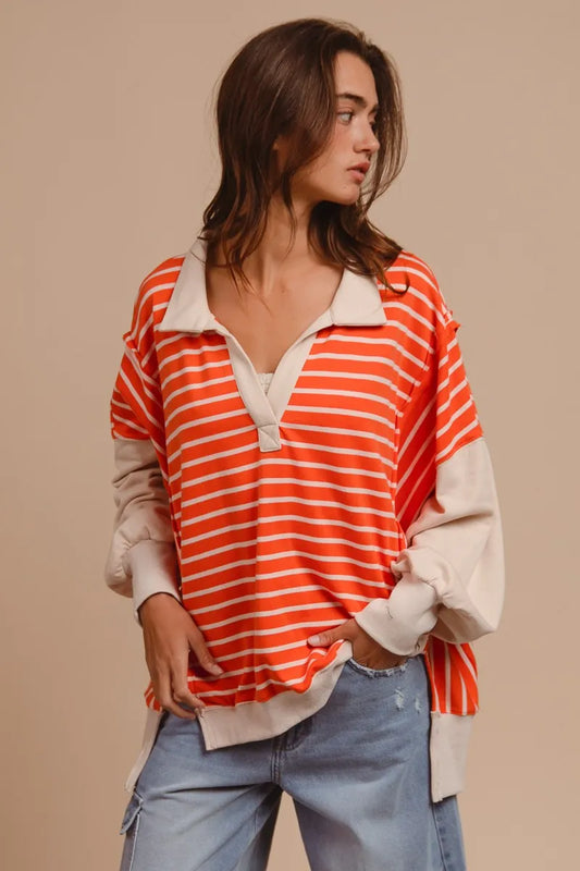 Image of BiBi Stripe Knit Loose Fit Top With Cut Edge Detail | Queeble.shop