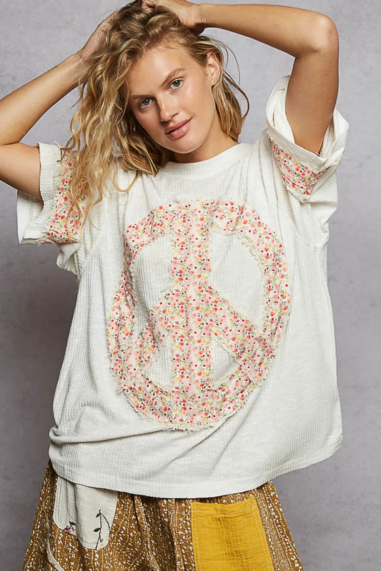 Image of POL Floral Peace Patch Drop Shoulder T-Shirt | Queeble.shop